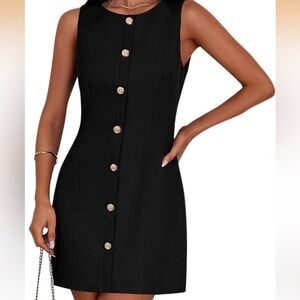 Black button down sleeveless dress.